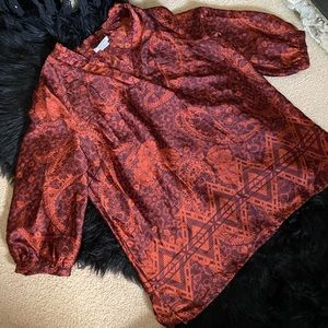 NWT Liz Claiborne Red Orange Floral Paisley Satin V Neck 3/4 Sleeve Blouse Top M
